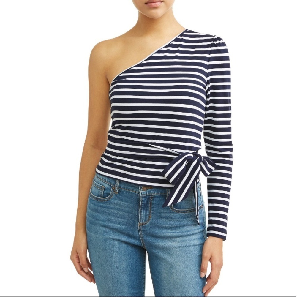 NWT! Sofia Jeans One Shoulder Wrap Top Blue White Striped